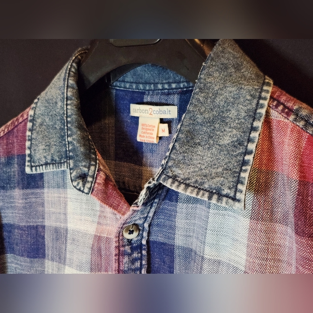 Carbon2Cobalt Casual Red White Blue Plaid w/ Denim Accent Size Medium